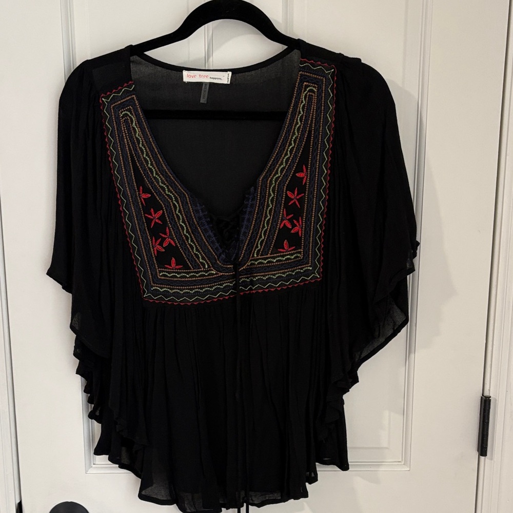 Love Tree Black Blouse with Red Embroidery